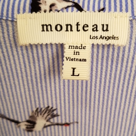 Monteau Blue & White Striped w/Cranes Top Size L - Picture 3 of 8